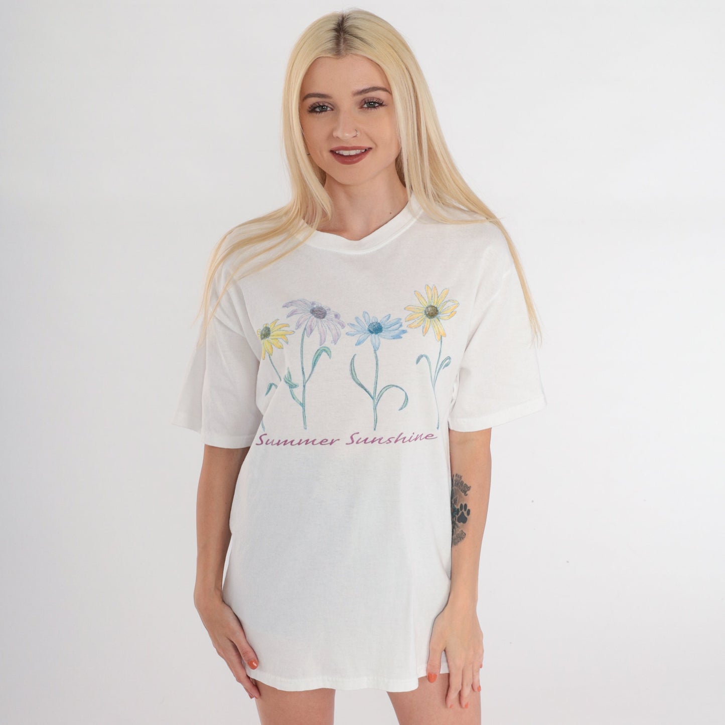 90s Daisy Flower Graphic T-Shirt Summer Sunshine White Cotton Medium M