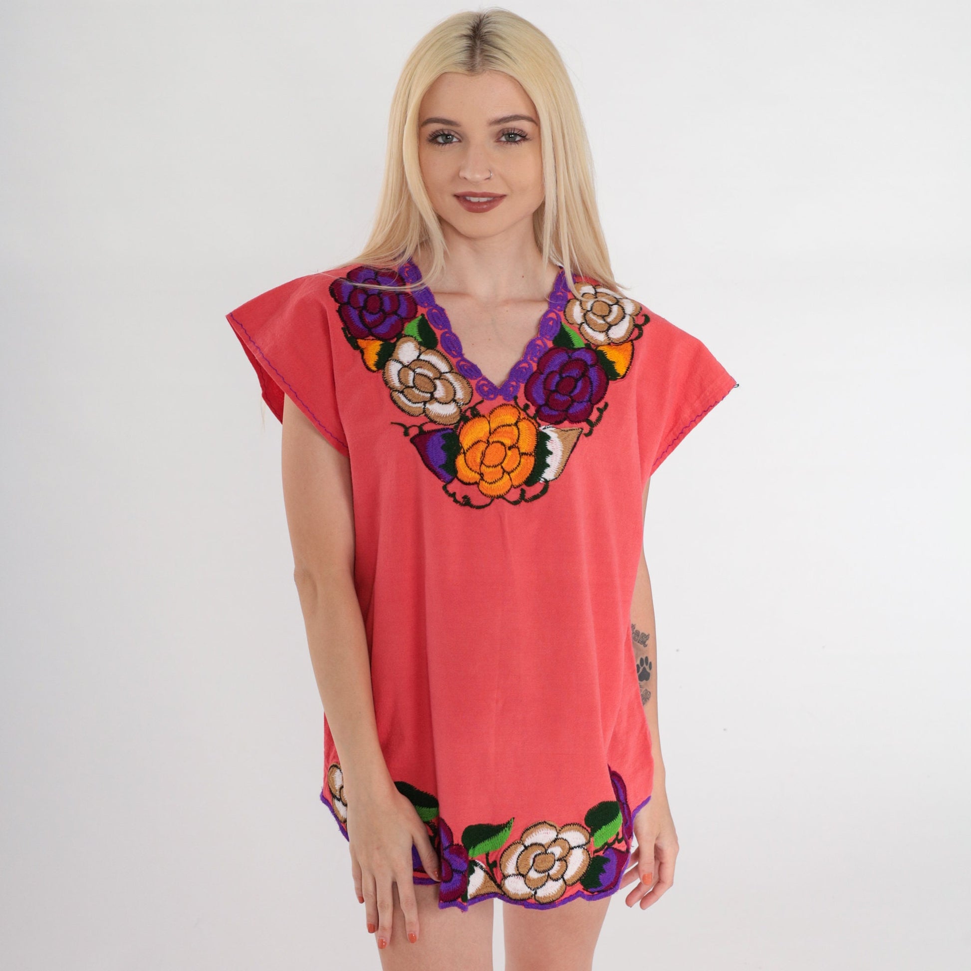 90s Mexican Floral Embroidered Blouse Coral Pink Cap Sleeve Cotton Medium M