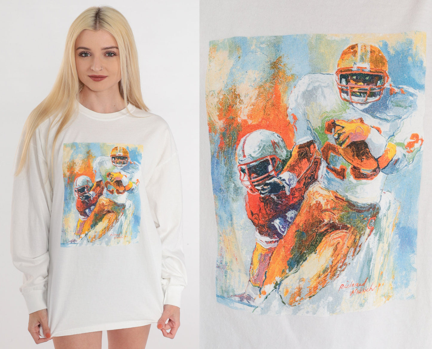 90s Richard Wallich Football Painting Long Sleeve Tee White Extra Large