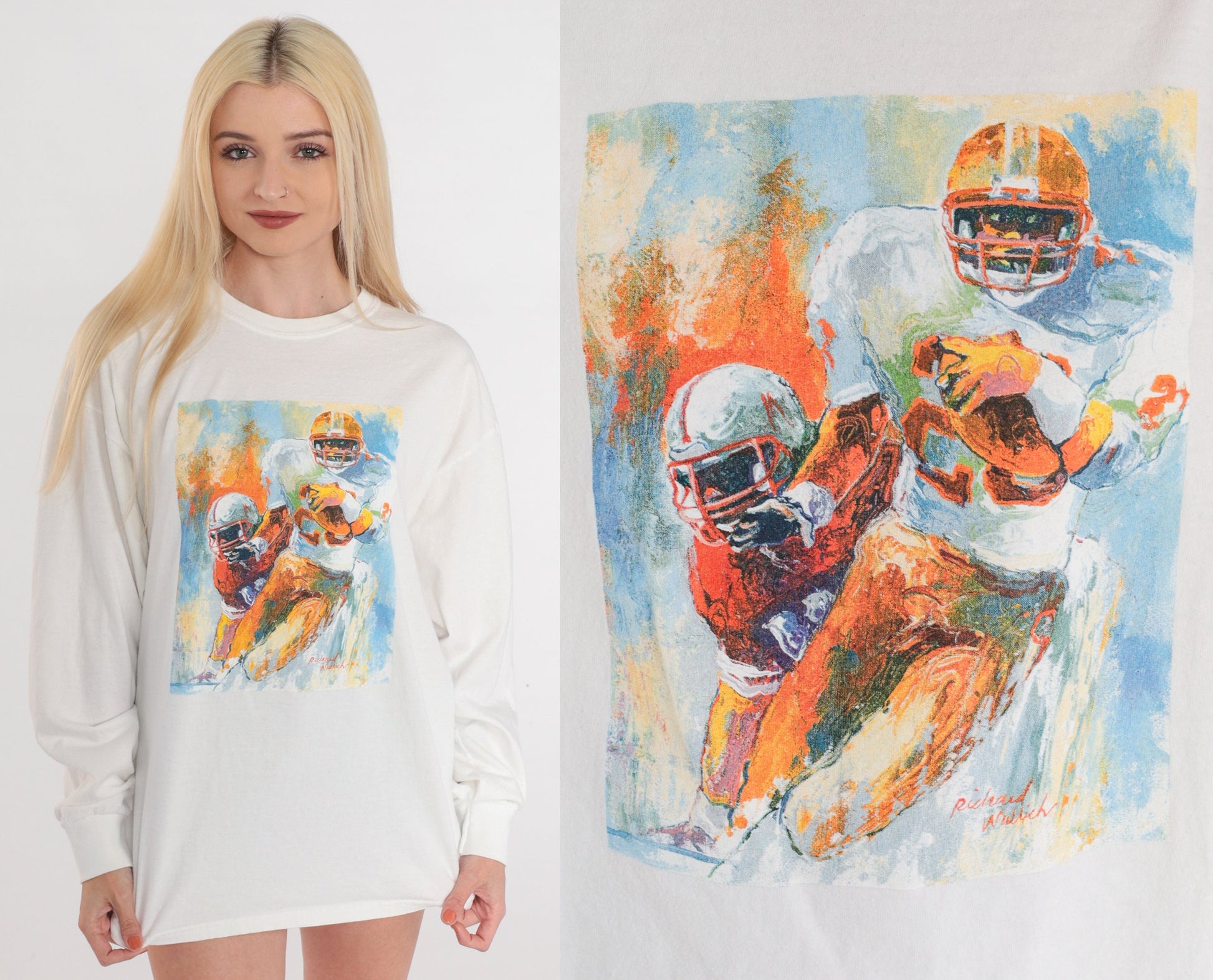 90s Richard Wallich Football Painting Long Sleeve Tee White Extra Large