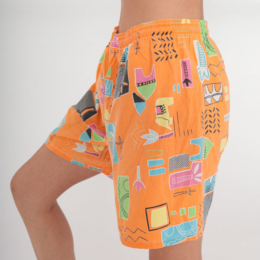 90s Orange Tropical Elephant Print High-Waist Shorts Wide Leg Cotton Medium