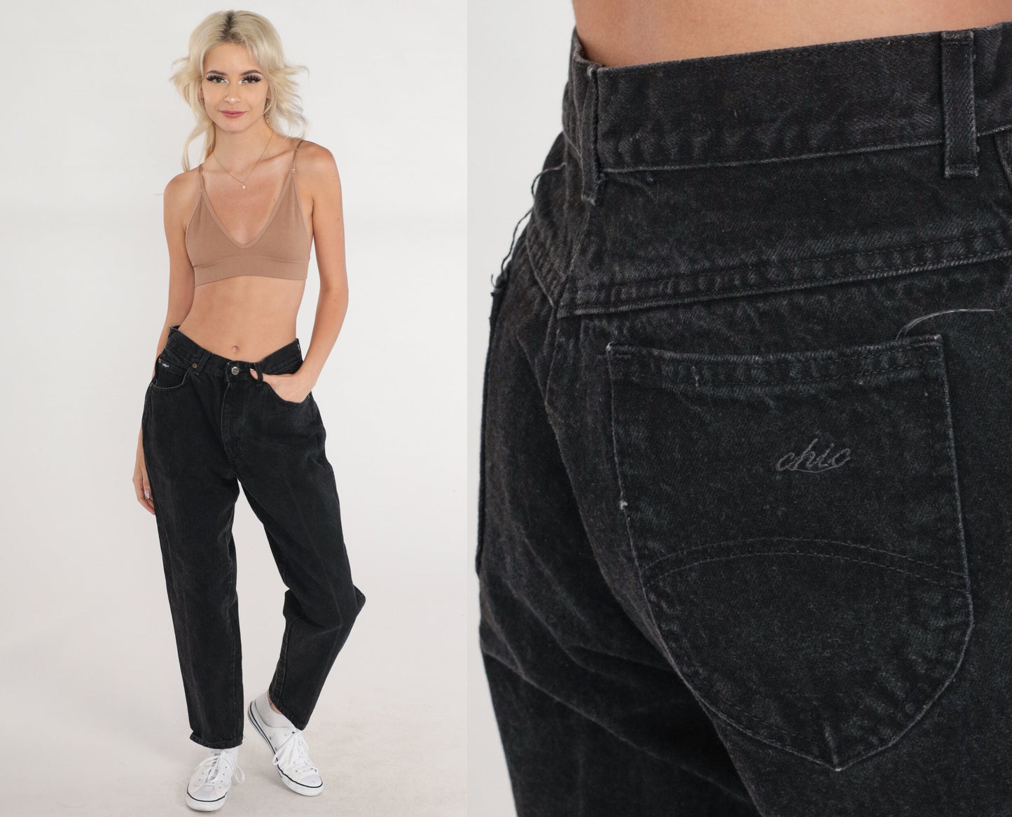 90s Black High-Waisted Tapered Denim Jeans Small S