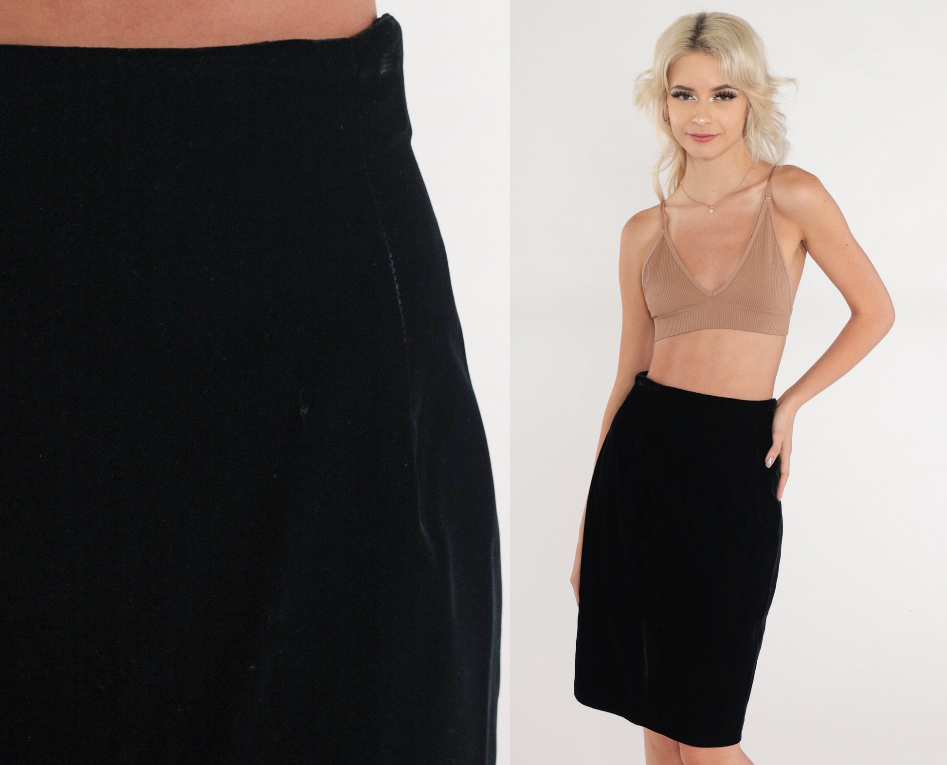 90s Black Velvet Pencil Mini Skirt High Waisted XS