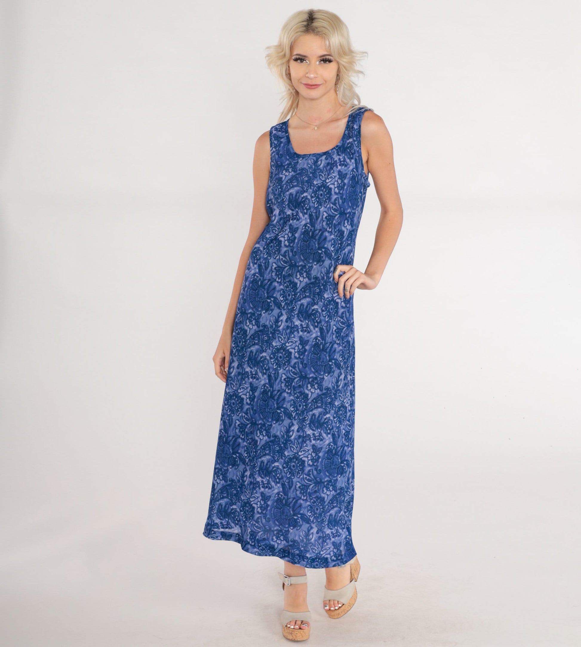 90s Floral Maxi Dress Purple Blue Sleeveless Scoop Neck Tank Medium
