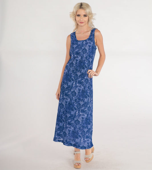 90s Floral Maxi Dress Purple Blue Sleeveless Scoop Neck Tank Medium