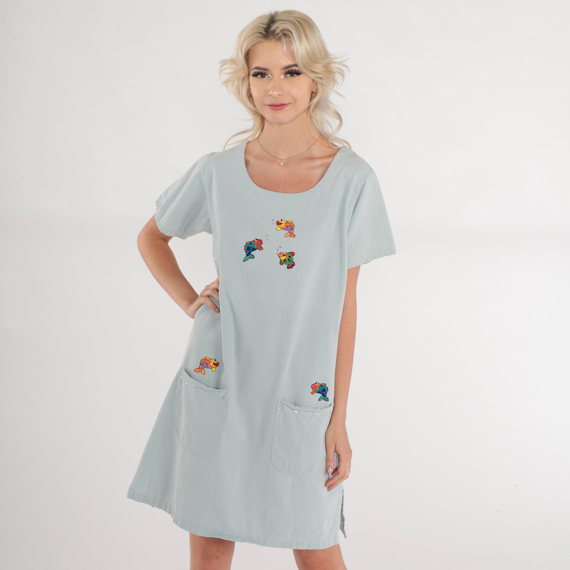 90s Tropical Fish Rhinestone Mini T-Shirt Dress Scoop Neck Pockets Medium M