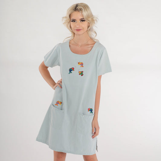 90s Tropical Fish Rhinestone Mini T-Shirt Dress Scoop Neck Pockets Medium M