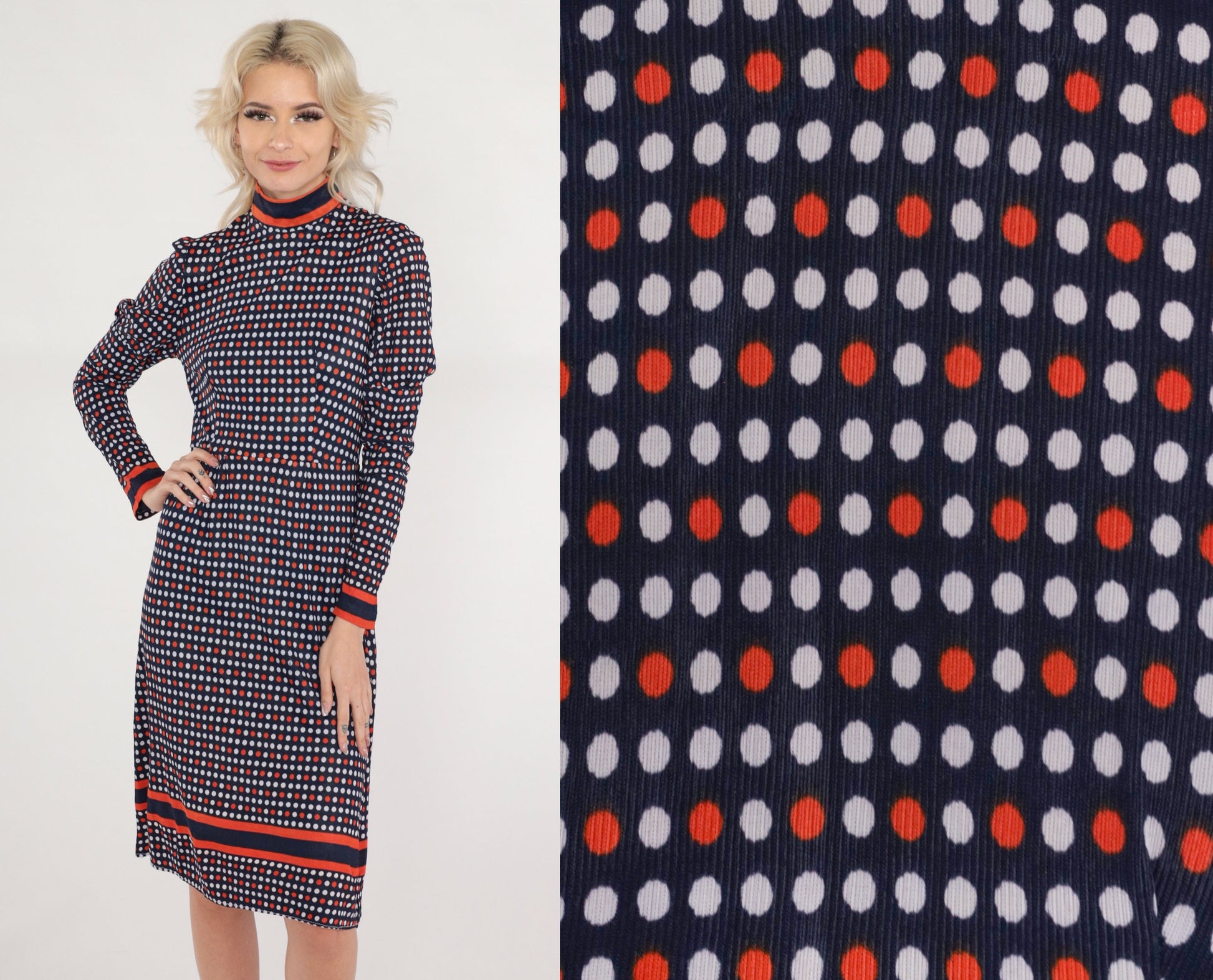 1960s Mod Polka Dot Dress Navy Blue Red White Puff Sleeve Mock Neck Small S