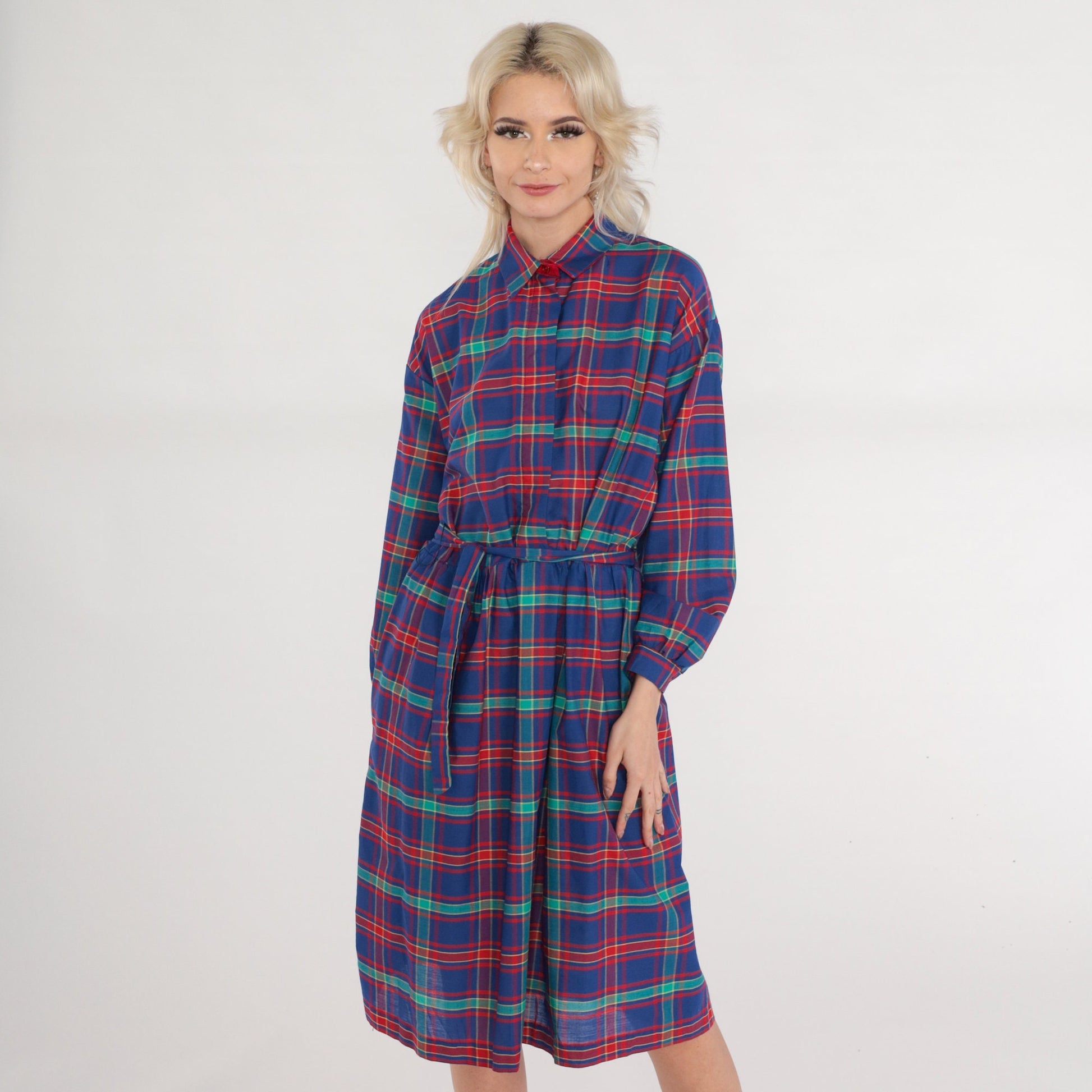 80s Plaid Button-Up Midi Dress High Waist Collared Shirtdress Blue Red Green Medium