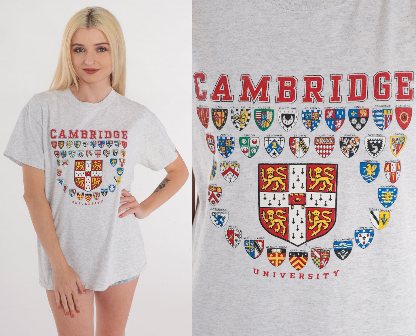 Y2K Cambridge University Graphic T-Shirt Heather Grey Crest Tee Medium
