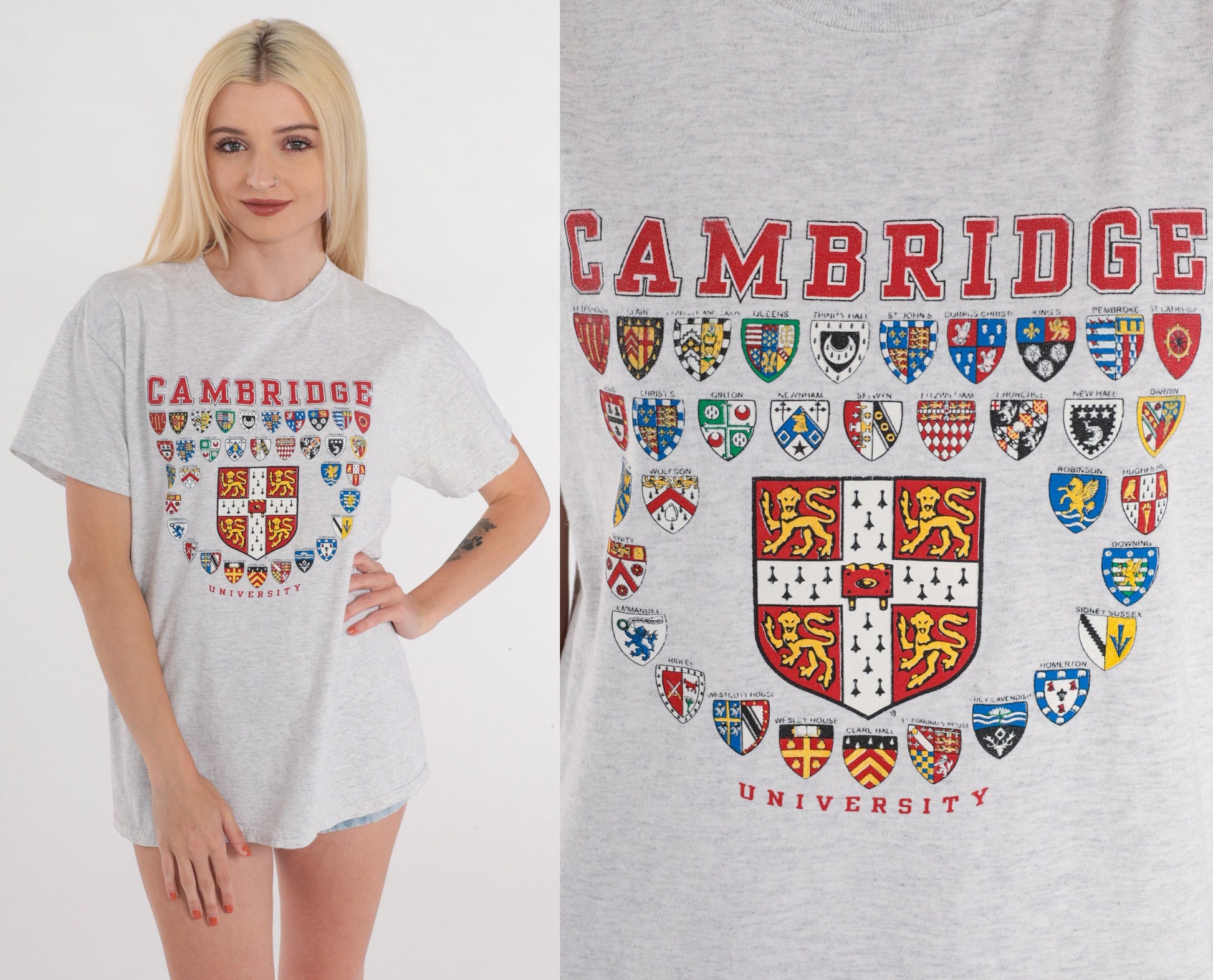 Y2K Cambridge University Graphic T-Shirt Heather Grey Crest Tee Medium
