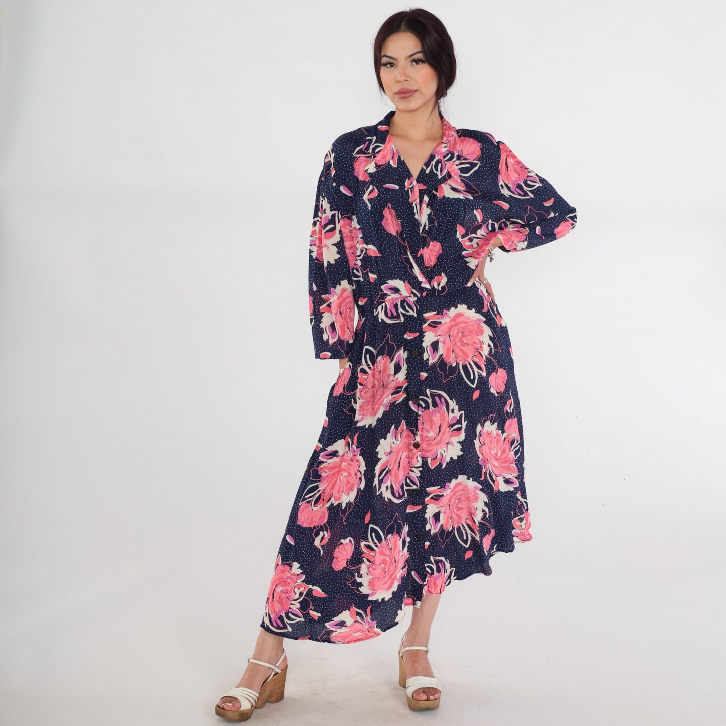 80s Navy Floral Polka Dot Midi Wrap Dress Collared V-Neck 3/4 Sleeve Medium