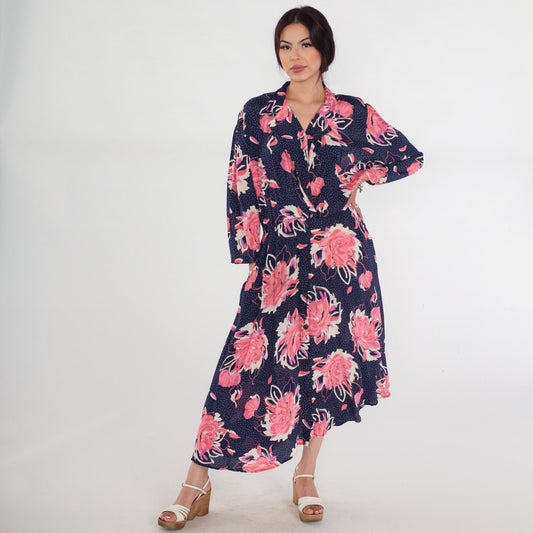 80s Navy Floral Polka Dot Midi Wrap Dress Collared V-Neck 3/4 Sleeve Medium