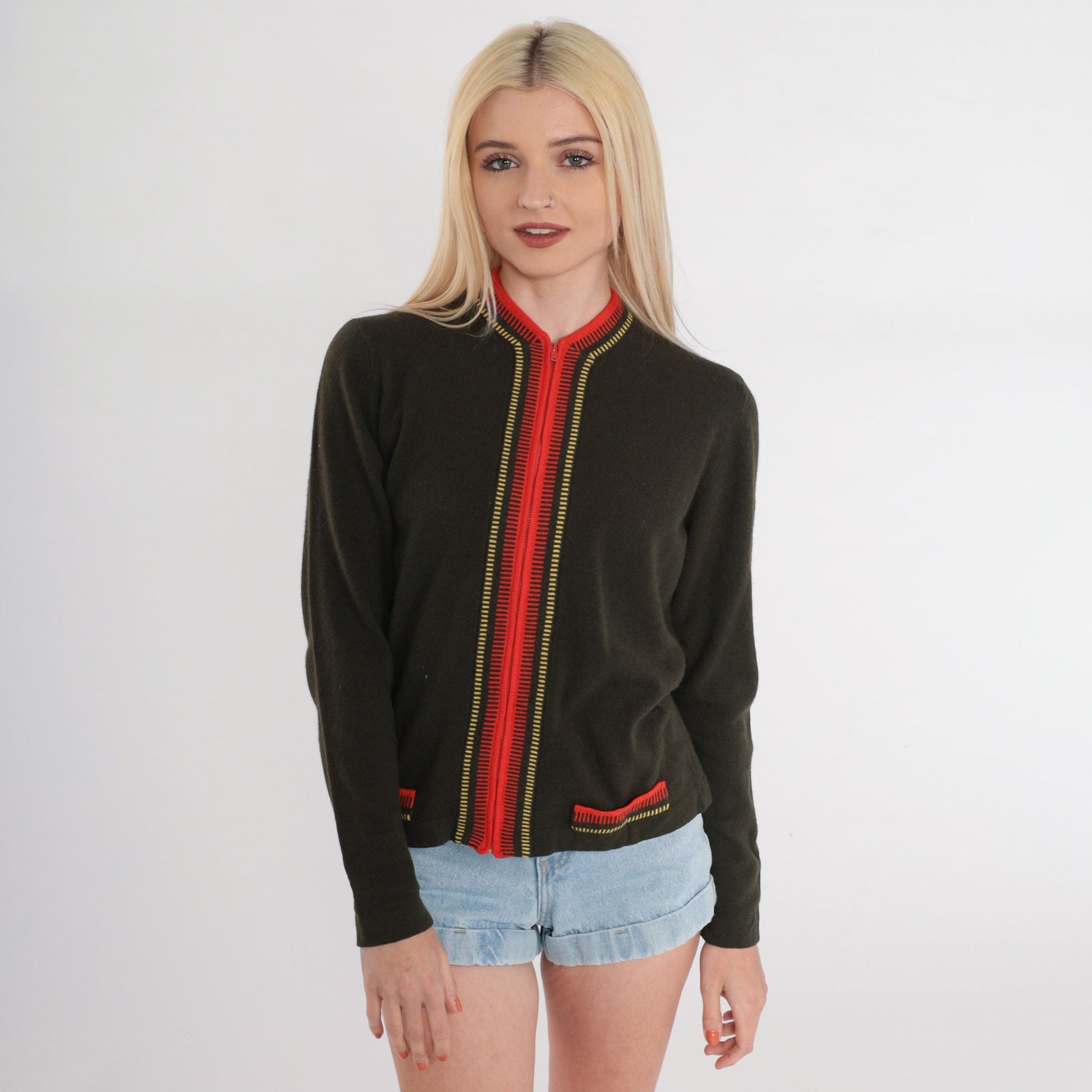 80s Olive Green Wool Cardigan Red Trim Zip Up Sweater Small S