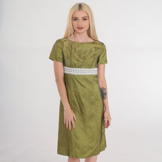 60s Iridescent Green Mini Dress Empire Waist Lace Trim Short Sleeve Extra Small
