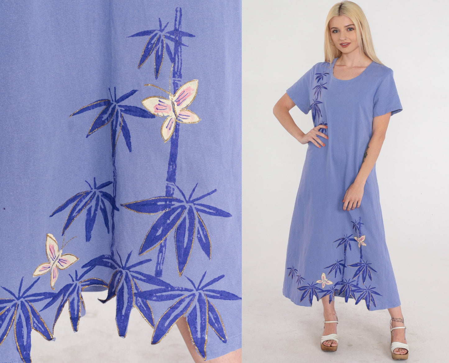 90s Purple Butterfly Bamboo Leaf Midi Dress Glitter Print Short Sleeve Large L