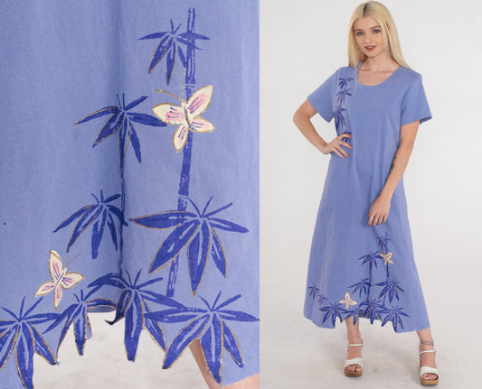 90s Purple Butterfly Bamboo Leaf Midi Dress Glitter Print Short Sleeve Large L