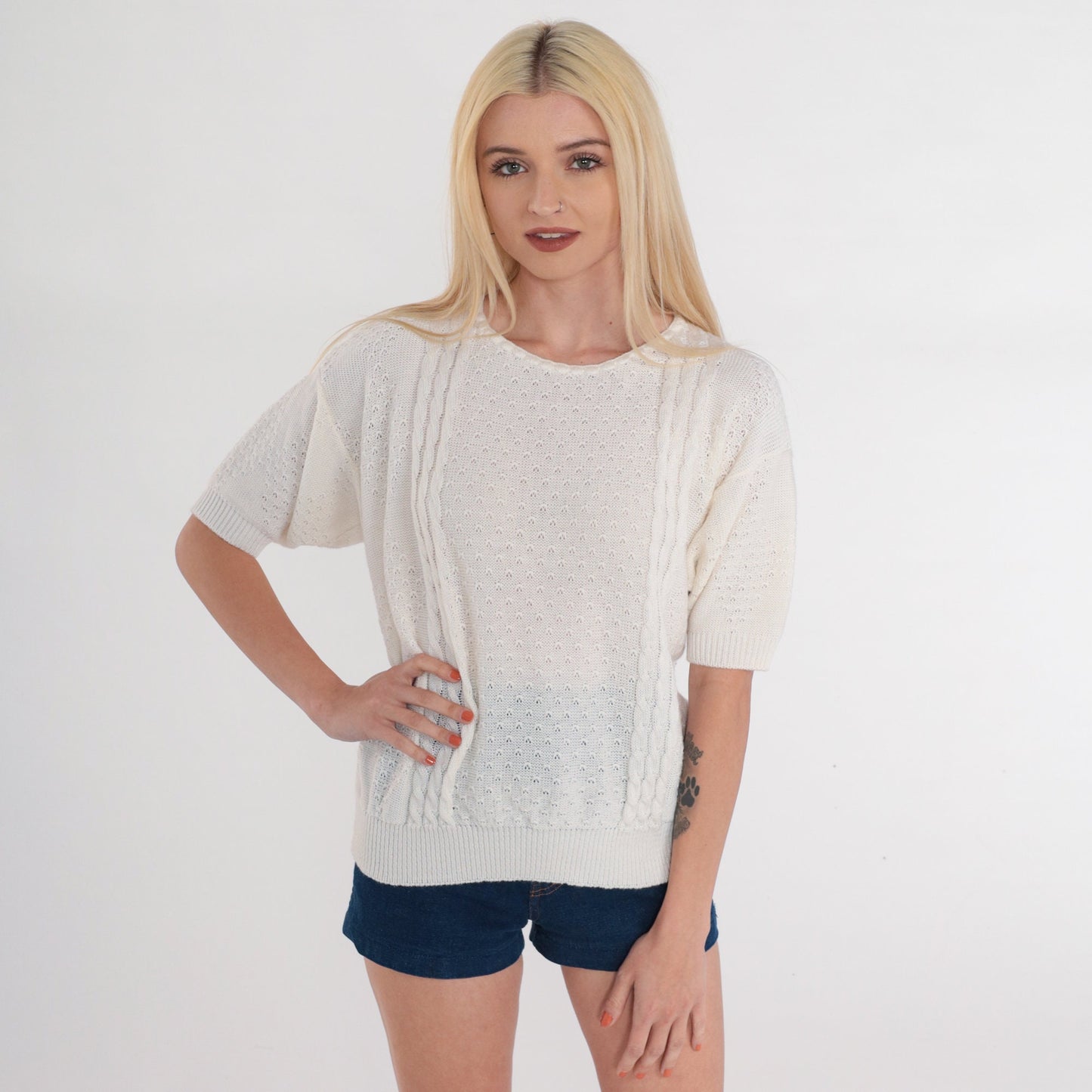 80s White Cable Knit Pointelle Cutout Short Sleeve Sweater Top Small Medium