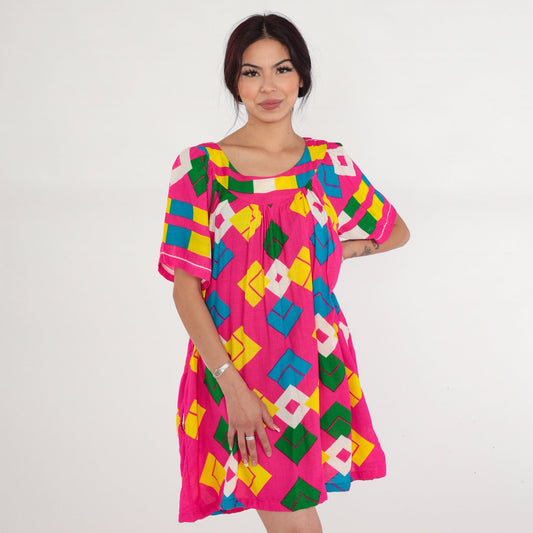 70s Pink Geometric Diamond Print Mini Dress Tent Cut Short Sleeve Large