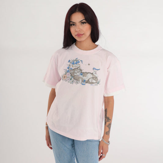 90s Sleepy Kitten Graphic T-Shirt Pink Floral Cat Tee Medium