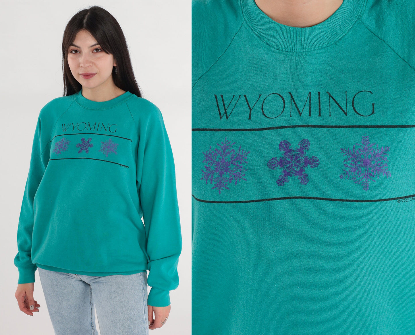 90s Wyoming Snowflake Graphic Sweatshirt Teal Raglan Crewneck Extra Large XXL