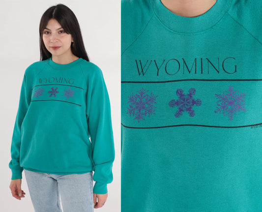 90s Wyoming Snowflake Graphic Sweatshirt Teal Raglan Crewneck Extra Large XXL