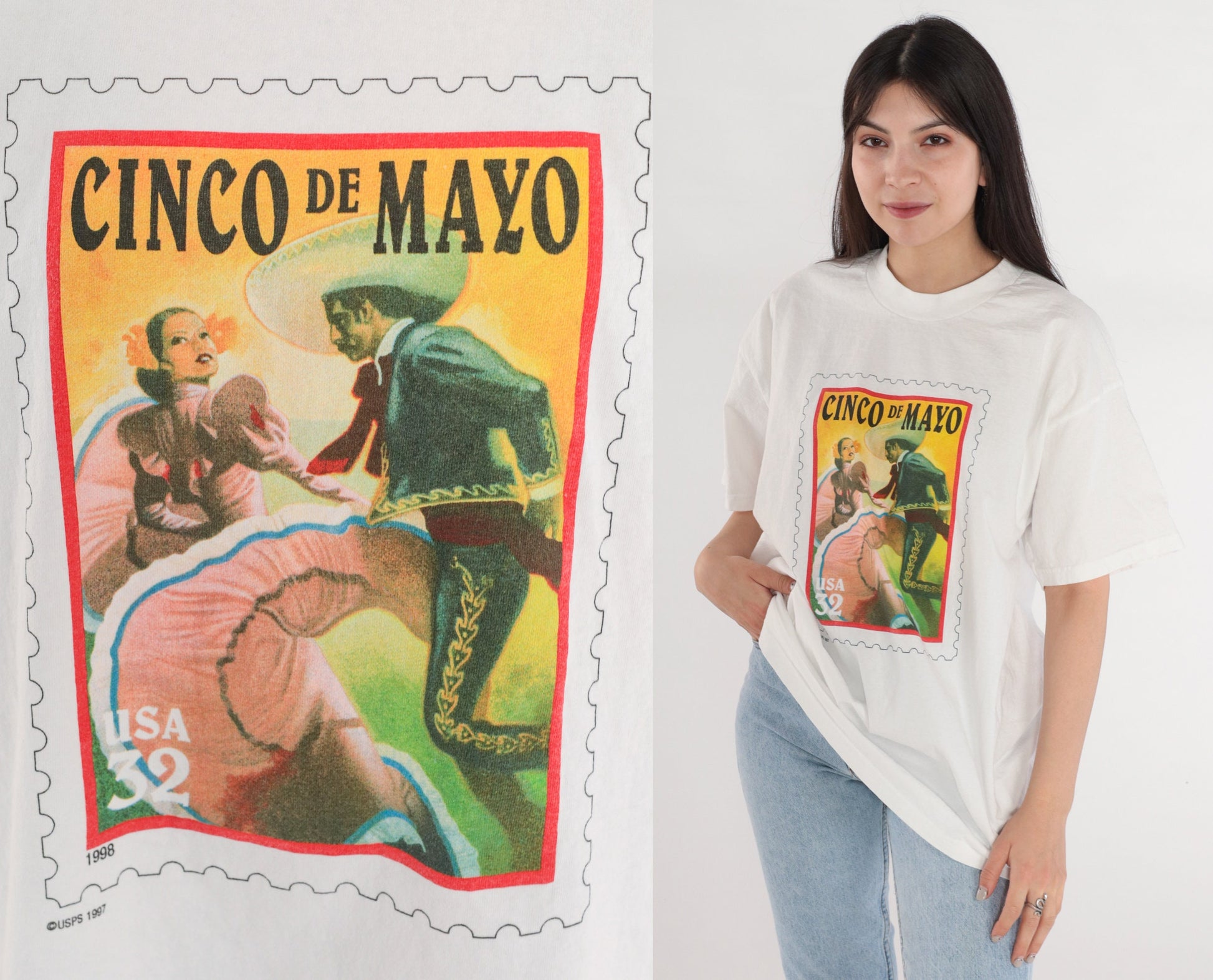 90s USPS Cinco De Mayo Stamp Graphic T-Shirt White Cotton Tee Extra Large XL