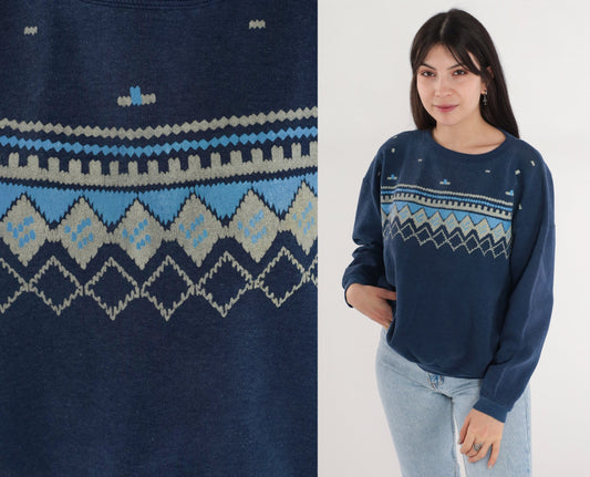 90s Navy Geometric Diamond Print Crewneck Sweatshirt Medium Large