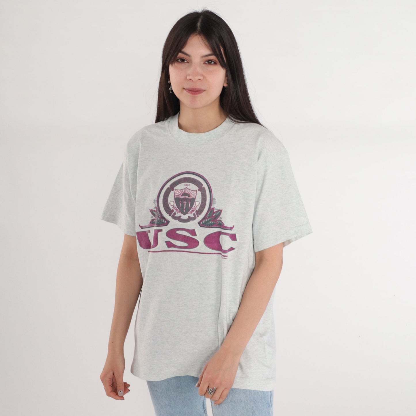 90s USC Trojans Graphic T-Shirt Heather Grey College Tee Medium
