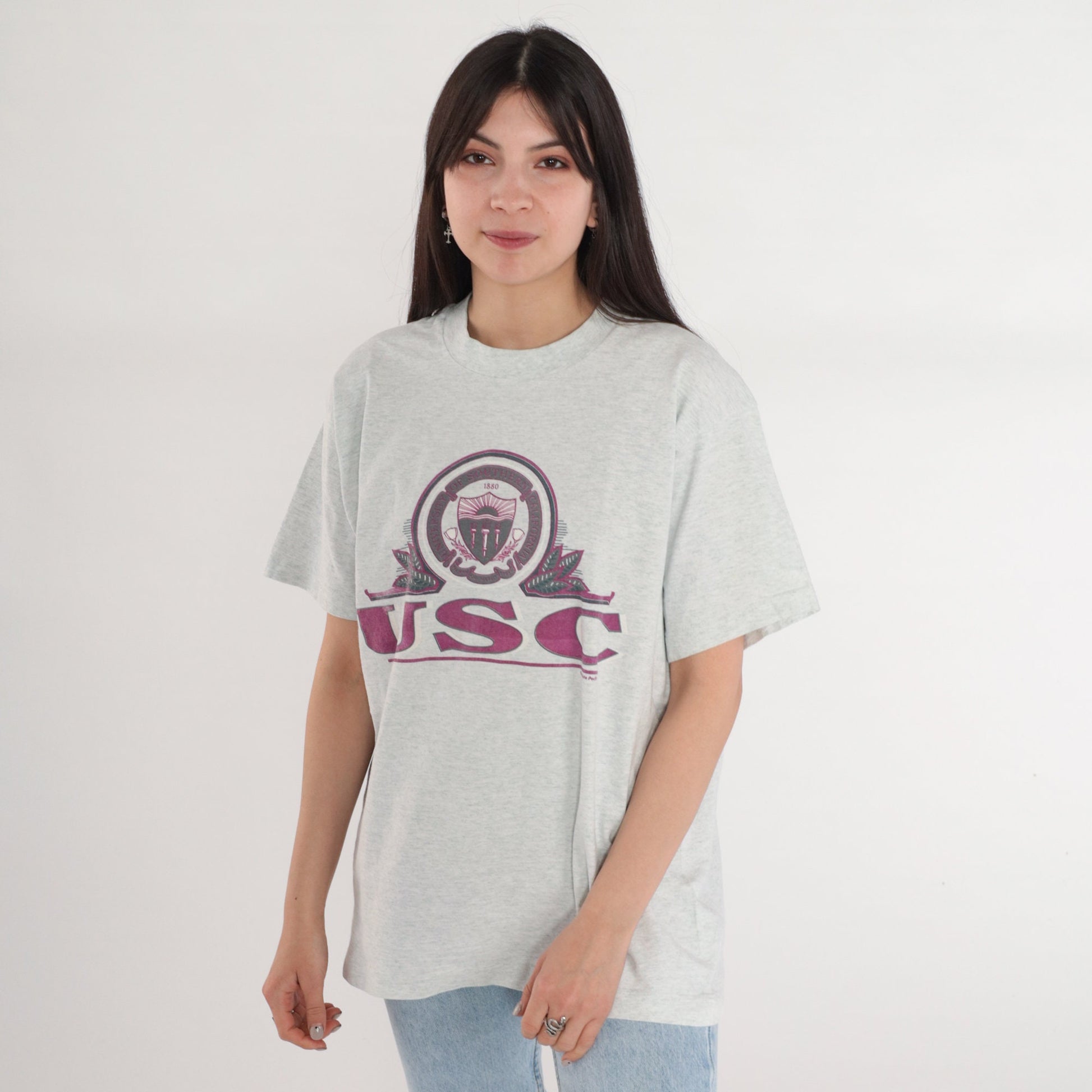 90s USC Trojans Graphic T-Shirt Heather Grey College Tee Medium