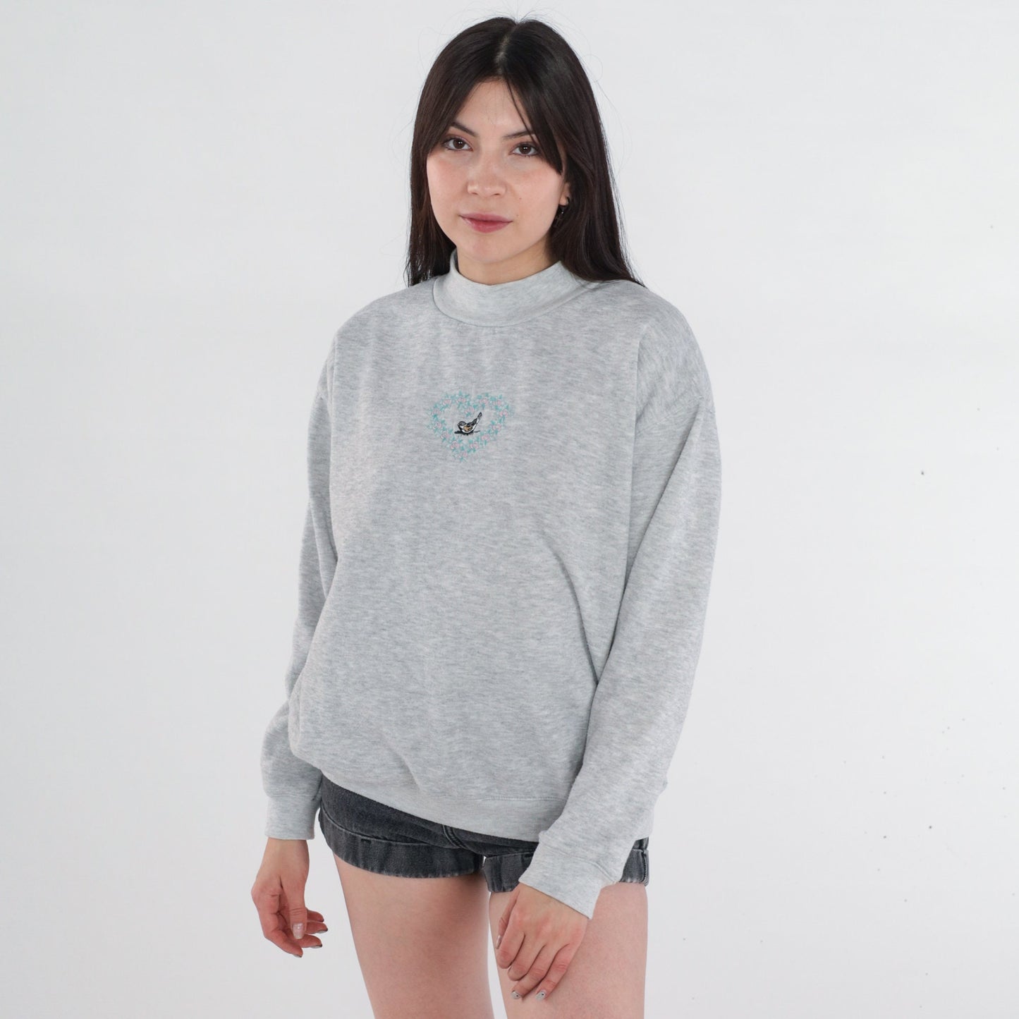 90s Bird Embroidered Sweatshirt Grey Floral Heart Mock Neck Medium