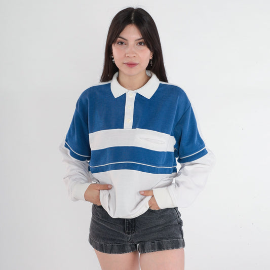 90s Polo Colour Block Striped Sweatshirt White Blue Button Pullover Medium