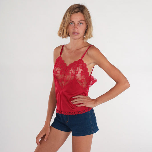 80s Body Chic Red Lace Camisole Tank Top Sheer Nylon Medium