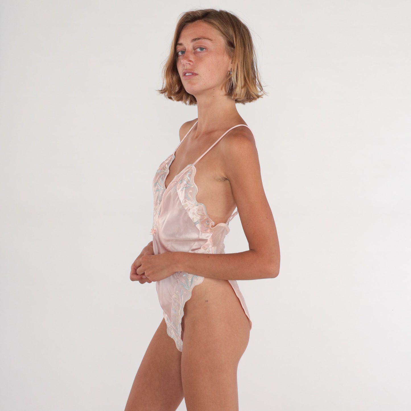 70s Pink Floral Embroidered Bodysuit Scalloped Edge Leotard Large