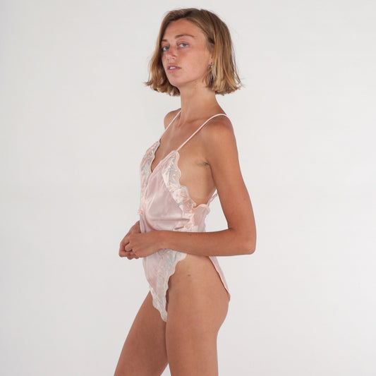 70s Pink Floral Embroidered Bodysuit Scalloped Edge Leotard Large