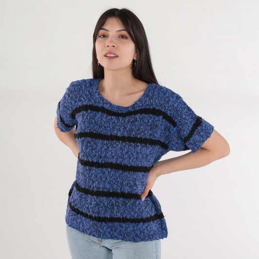 90s Striped Knit Sweater Top Blue Black Short Sleeve Medium M