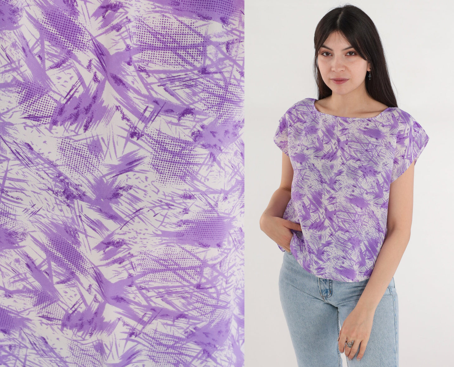 70s Abstract Purple Cream Cap Sleeve Blouse Psychedelic Print Medium