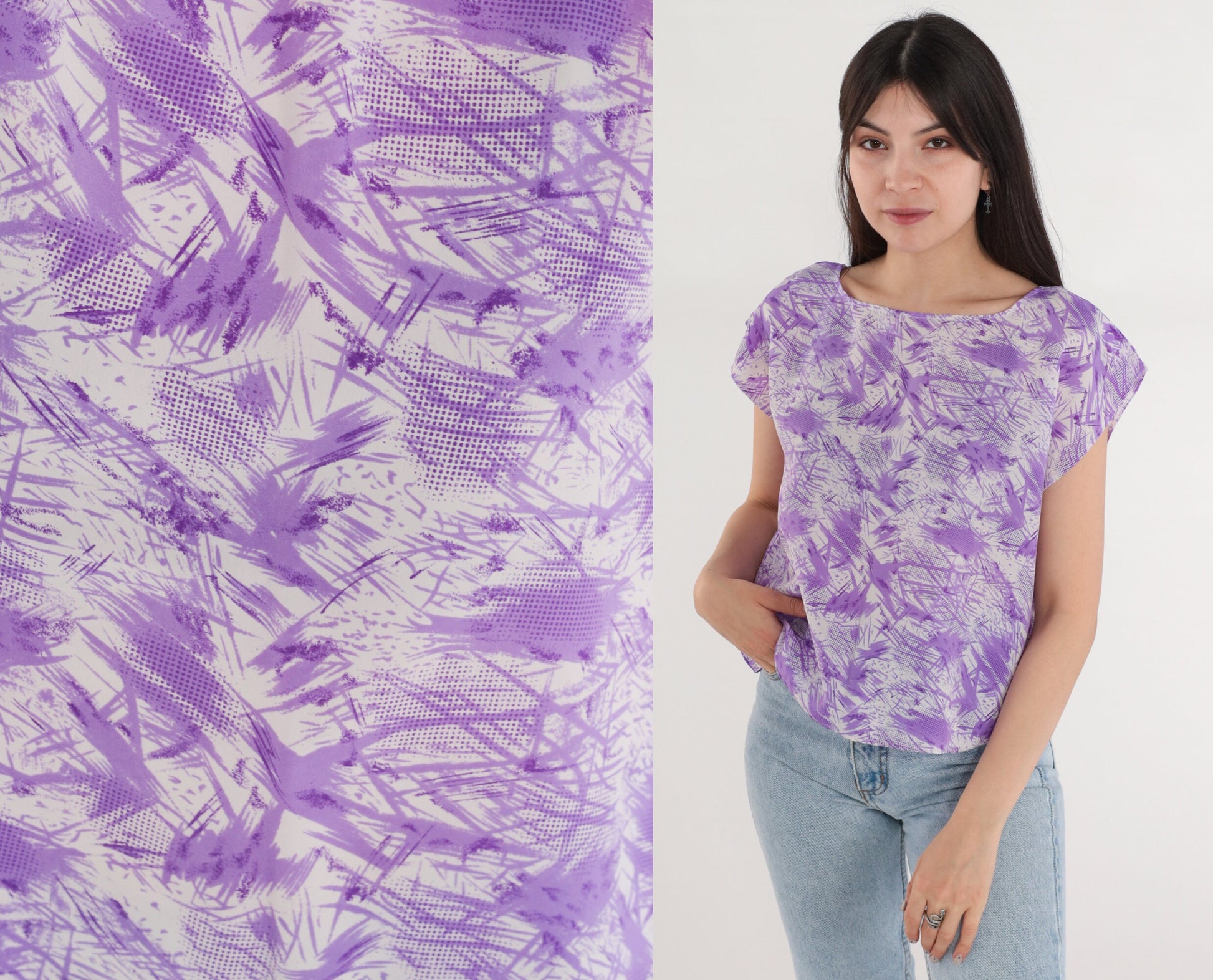 70s Abstract Purple Cream Cap Sleeve Blouse Psychedelic Print Medium