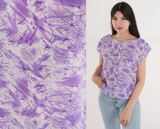 70s Abstract Purple Cream Cap Sleeve Blouse Psychedelic Print Medium