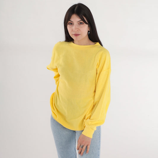 80s Yellow Crewneck Sweatshirt Plain Pullover Large L
