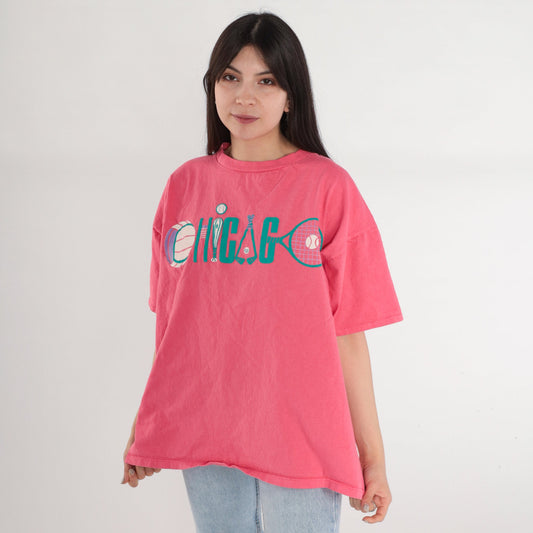 90s Chicago Sports Graphic T-Shirt Pink Cotton Tee One Size