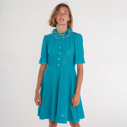70s Teal Shirtwaist Mini Dress High Ruffle Collar Button-Up Medium M