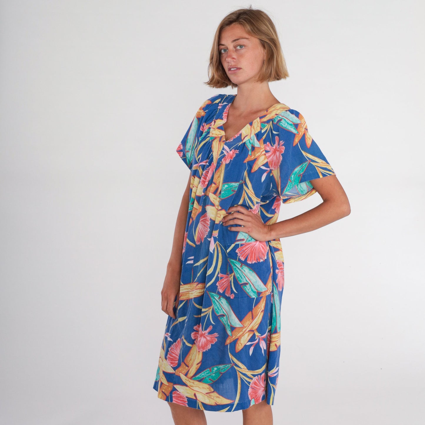 80s Hawaiian Tent Dress Blue Tropical Floral Midi Short Sleeve Extra Large