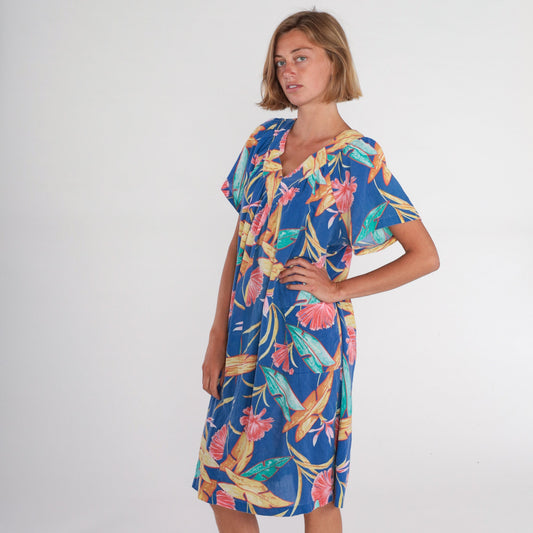 80s Hawaiian Tent Dress Blue Tropical Floral Midi Short Sleeve Extra Large