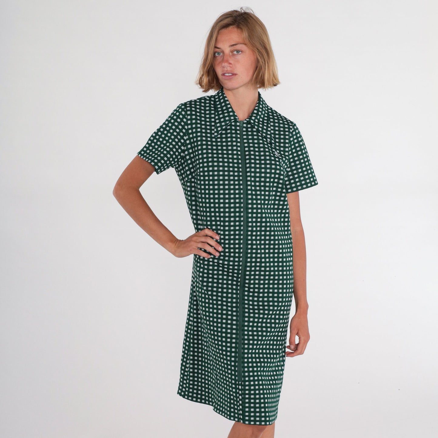 70s Mod Checkered Shift Dress Green White Dagger Collar Zip Front Knee Length Large L
