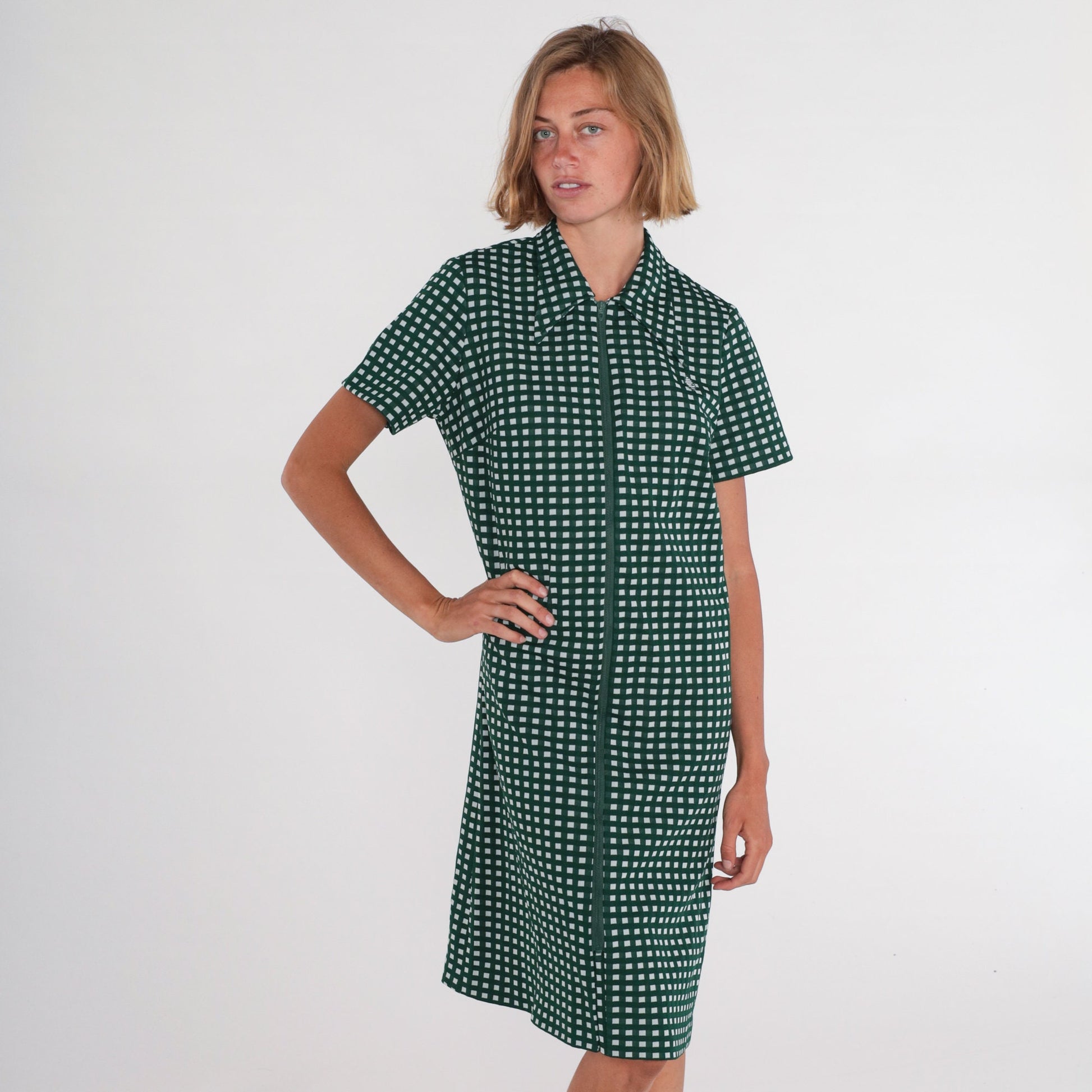 70s Mod Checkered Shift Dress Green White Dagger Collar Zip Front Knee Length Large L