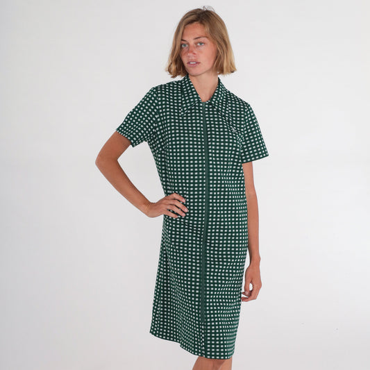 70s Mod Checkered Shift Dress Green White Dagger Collar Zip Front Knee Length Large L