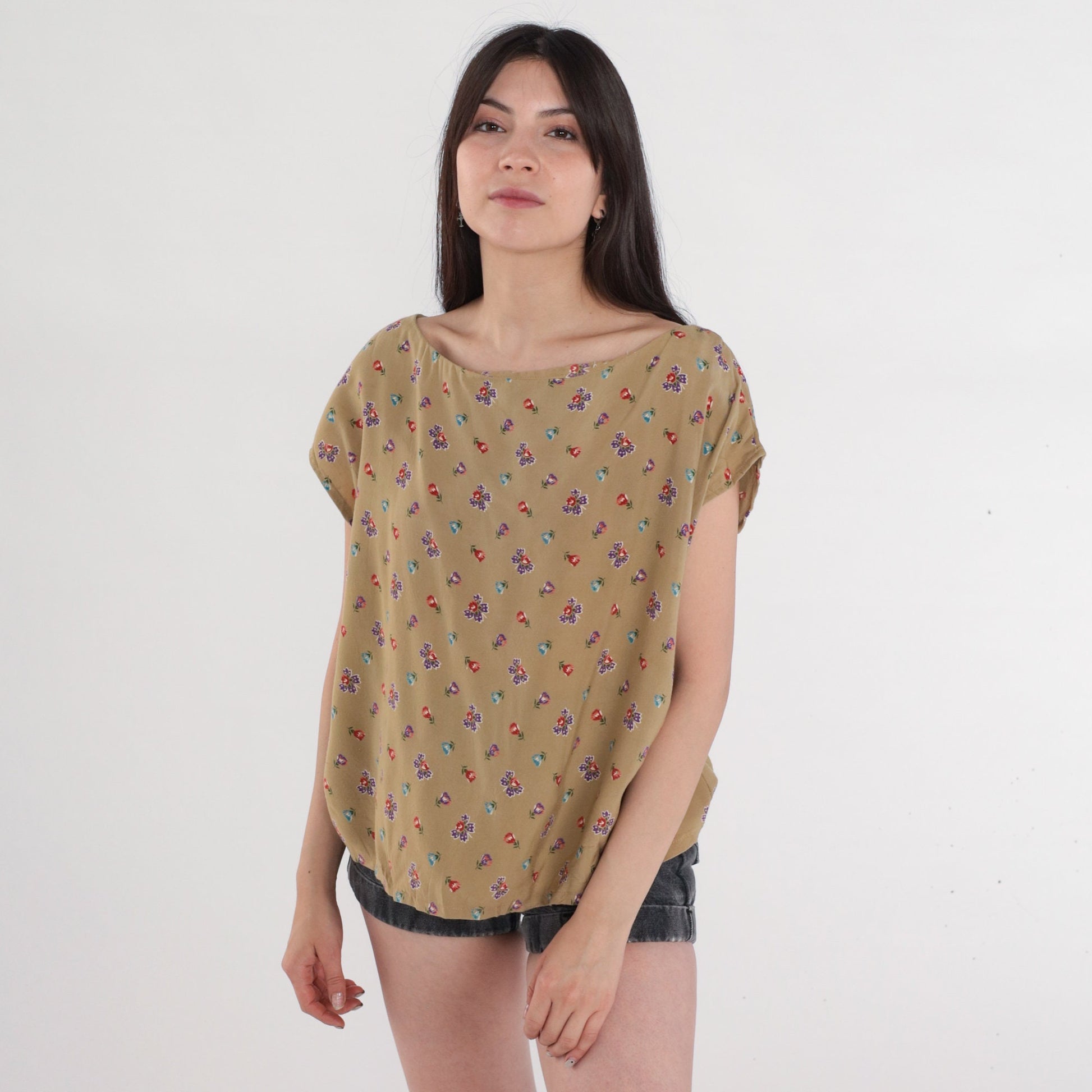 80s Floral Cap Sleeve Blouse Taupe Rayon Flower Print Top Large L