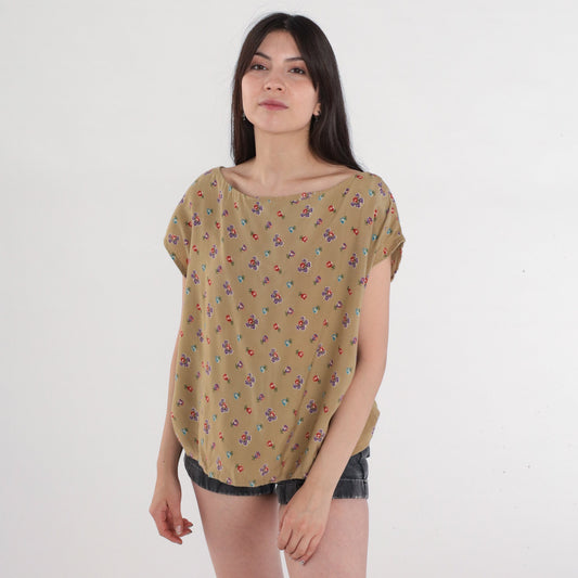 80s Floral Cap Sleeve Blouse Taupe Rayon Flower Print Top Large L