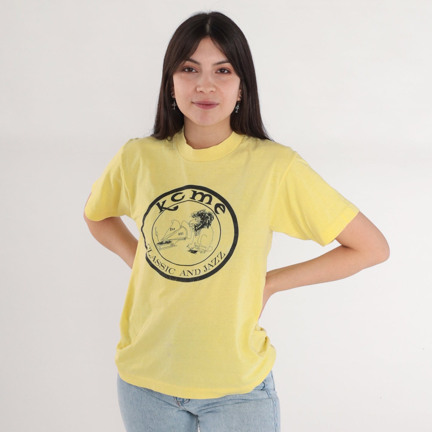 90s KCME 88.1 Radio Station Yellow Graphic T-Shirt Single Stitch Medium M